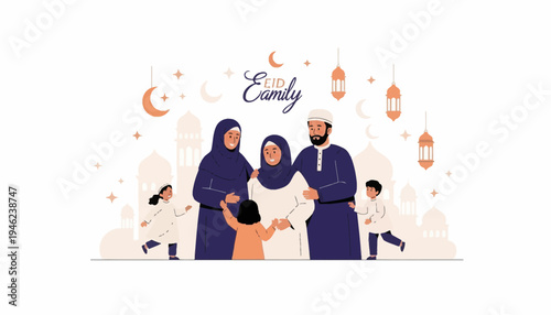 Illustration of a Muslim family gathering celebrating Eid al-Fitr with traditional lanterns and decorations in a warm and festive atmosphere.