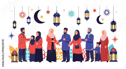 Vector illustration of a diverse Muslim family gathering with traditional lanterns and crescent moons, celebrating Eid al-Fitr with colorful decorations and Eid Mubarak wishes on a white