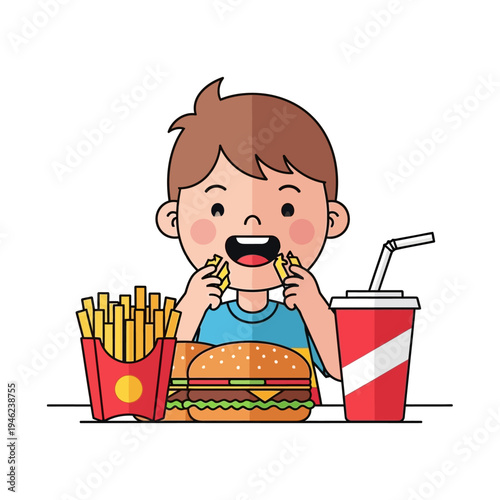 Happy boy eating fast food: burger, fries, and soda