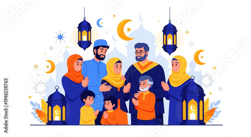Eid Mubarak illustration of a diverse family gathering together with traditional lanterns and crescent moons in a colorful design for Eid al-Fitr celebrations.