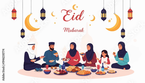 Vector illustration of a diverse family gathering for Eid al-Fitr celebrations with traditional food and decorations on a white background.