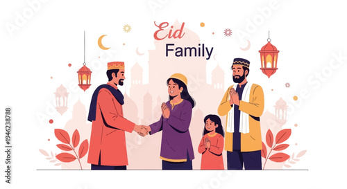 Illustration of a diverse family gathering and shaking hands on Eid al-Fitr with traditional lanterns and decorations in the background.