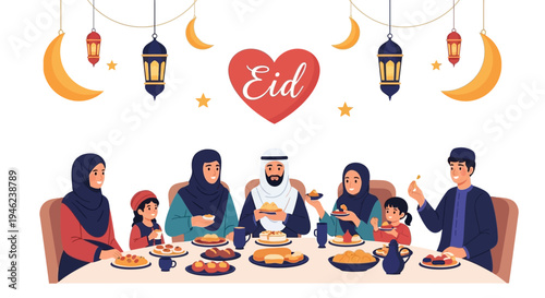 Vector illustration of a diverse family gathering around a festive table with traditional Eid al-Fitr celebrations decorations and food in a warm and joyful atmosphere.
