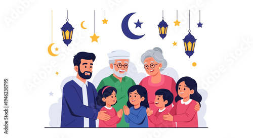 Vector illustration of a diverse family gathering together with traditional Eid al-Fitr decorations and lanterns in a colorful and festive atmosphere.