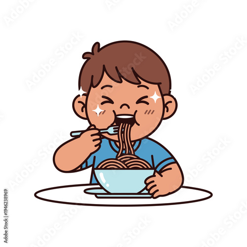 Happy boy eating spaghetti with fork from bowl, enjoying delicious pasta meal