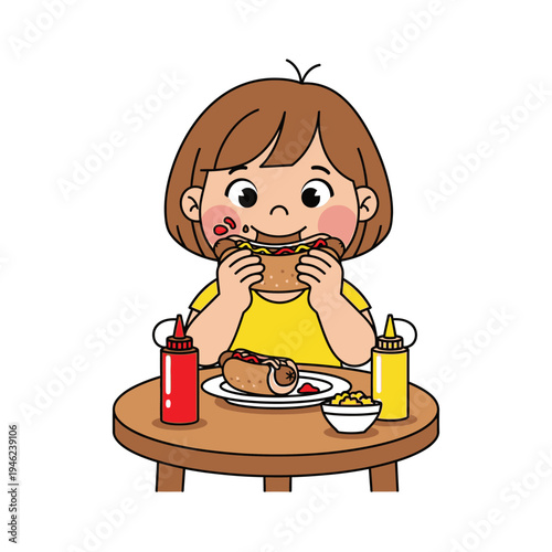 Happy child eating a hot dog with ketchup and mustard at a table