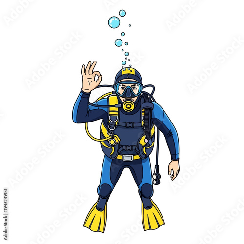 Scuba Diver Giving OK Sign Underwater with Bubbles