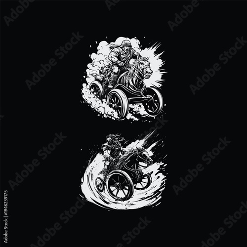 Two vintage black and white ink illustrations of ancient gladiators racing horse-drawn chariots with dynamic dust and motion effects.