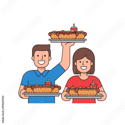 Happy couple holding platters of hot dogs and drinks, outdoor food serving