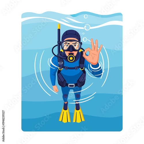 Scuba Diver Giving OK Sign Underwater, Showing Safety and Good Conditions