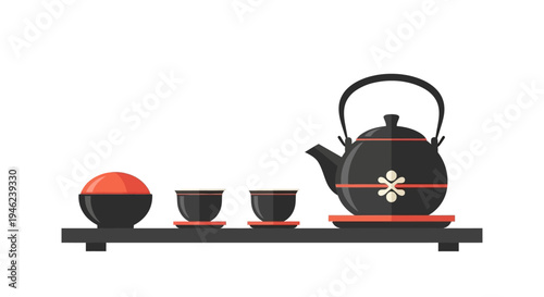 Traditional Japanese Tea Set with Teapot and Cups on Wooden Tray