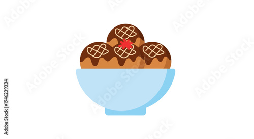 Vector illustration of delicious takoyaki octopus balls in a blue bowl