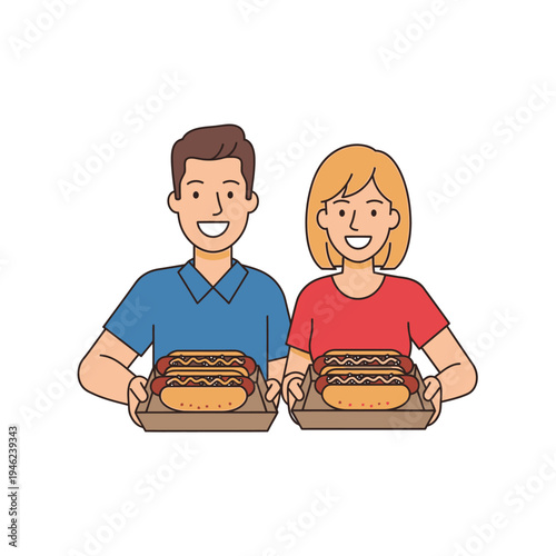 Happy Couple Holding Trays of Delicious Hot Dogs
