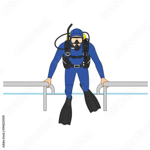 Scuba diver in blue wetsuit descending into water from poolside ladder