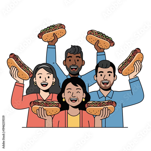 Happy diverse group of people holding hot dogs, celebrating food and togetherness