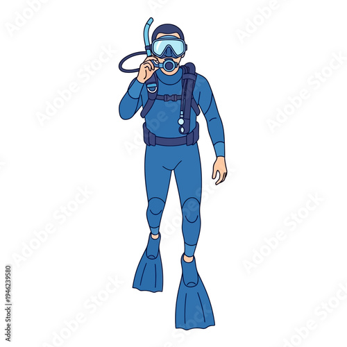 Scuba Diver in Blue Wetsuit with Snorkel and Fins Ready for Underwater Exploration