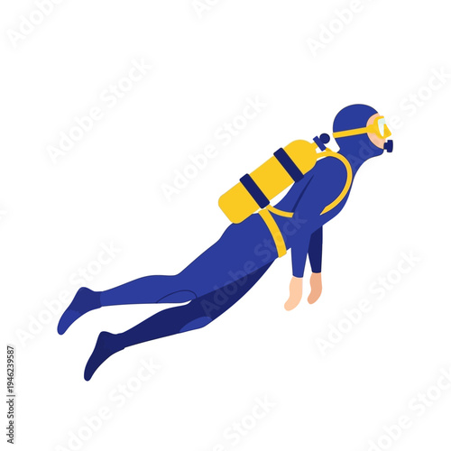 Scuba diver in blue wetsuit with yellow tank swimming underwater, isolated on white