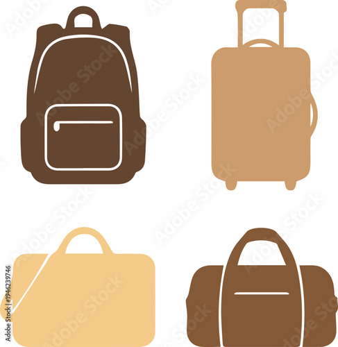 Travel Luggage and Backpack Silhouette Icon Set