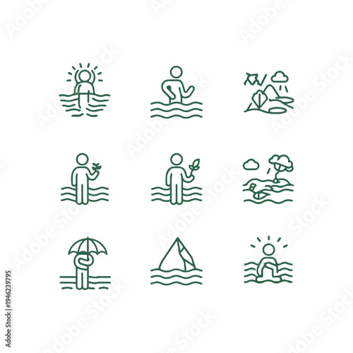 Green Outline Icons Depicting Floods Weather And Human Survival