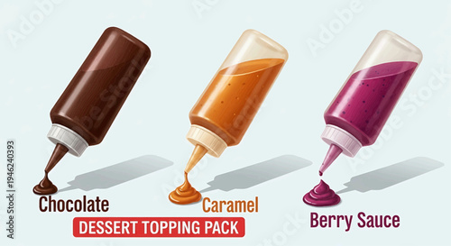 Delicious trio of dessert toppings in squeeze bottles smooth chocolate, golden caramel, and vibrant berry sauce, perfect for enhancing cakes, ice cream, and pastries