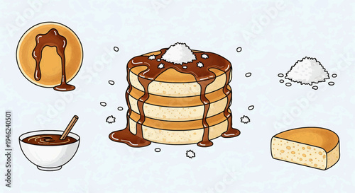 A delicious stack of golden brown pancakes drizzled with rich chocolate syrup and topped with a dusting of sugar, alongside ingredients for a sweet breakfast feast
