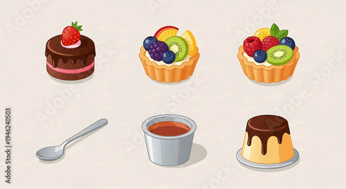 A delightful assortment of sweet desserts, including fruit tarts, chocolate cake, and custard pudding, presented alongside a serving spoon and sauce