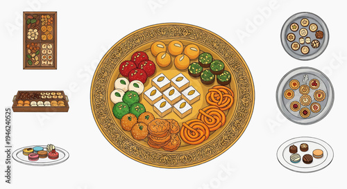 A delightful and colorful assortment of traditional Indian sweets, or mithai, beautifully arranged on ornate platters, perfect for festive celebrations and cultural gatherings