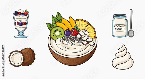 Healthy coconut yogurt bowls and desserts with fresh fruits and toppings, perfect for a nutritious breakfast or snack