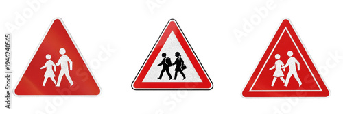 School Crossing Road Sign Set, Red Triangle Warning Signs with Children Pedestrian Symbols, Realistic 3D Render Safety Icons for School Zone Isolated on White Background for Traffic