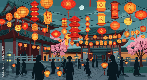 Chinese Lantern Festival Celebration at Traditional Temple