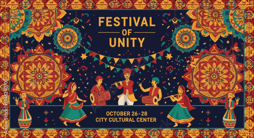 Festival of Unity Cultural Celebration Banner with Traditional Indian Musicians and Dancers