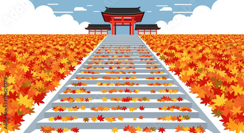 Japanese Temple Stairs with Autumn Maple Leaves