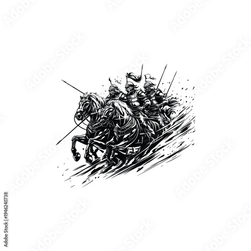 Ancient knights in armor charging on horses with spears in a dynamic hand-drawn vintage ink style illustration.