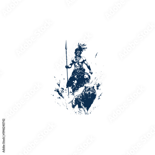 Native American warrior holding a spear walking with a wild wolf in a hand-drawn vintage style illustration.