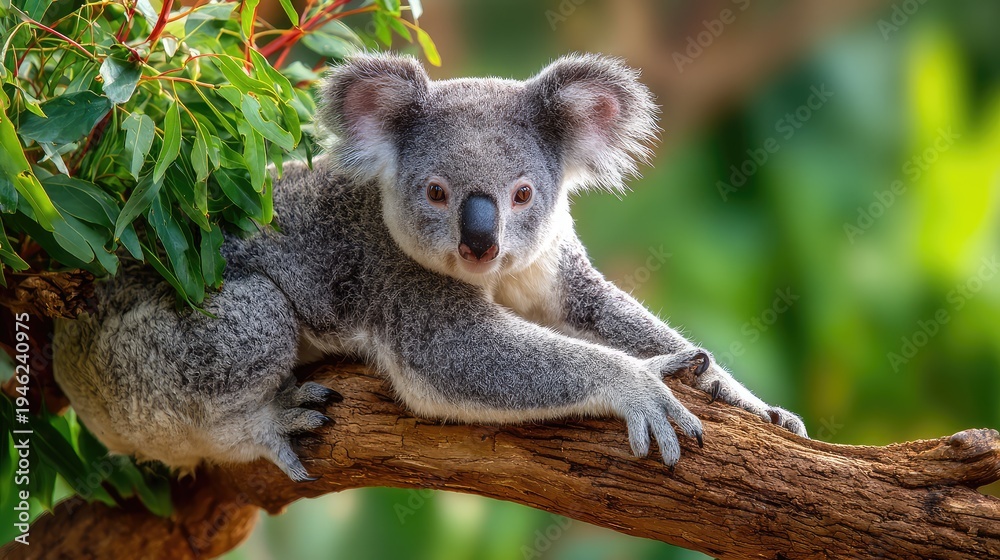 Fototapeta premium Close-Up Portrait of a Koala Relaxing on a Branch Surrounded by Green Leaves in a Natural Habitat, Capturing the Essence of Australian Wildlife