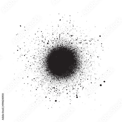 Abstract explosion of black spray paint splatters radiating from a central point