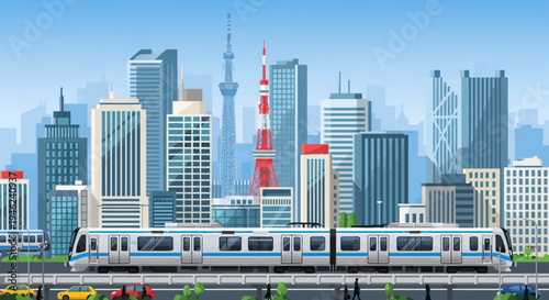 Tokyo Cityscape with Modern Subway Train and Iconic Towers