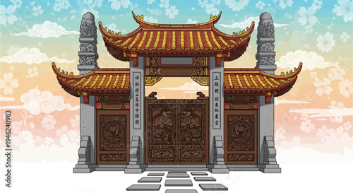 Traditional Chinese Temple Gate with Ornate Wood Carvings and Floral Sky Background