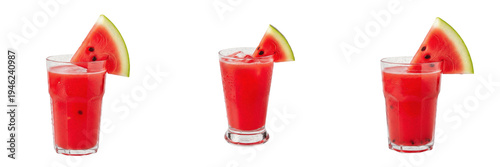 Fresh Watermelon Juice in Glass with Sliced Fruit Wedge Garnish Set. Professional Food Photography for Healthy Summer Beverages, Refreshing Drinks, and Organic Fruit Juice Marketing Graphics.