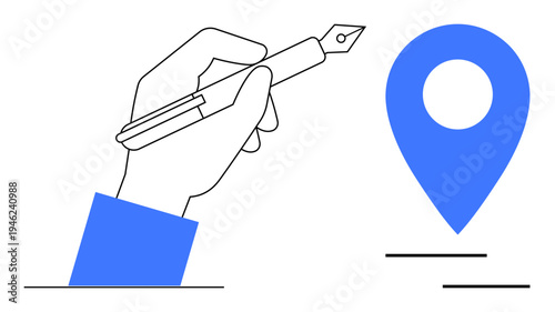 Hand sketching a pen near a location marker, symbolizing mapping, navigation, and creative idea generation. Ideal for travel, planning, exploration, communication, innovation concepts simple flat