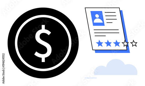 Dollar sign inside a black circle next to rated resume with blue star ratings. Ideal for job application, recruitment, talent evaluation, financial value, hiring, performance scoring, employment
