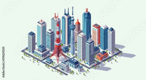 Isometric Tokyo Cityscape with Iconic Towers and Modern Skyscrapers