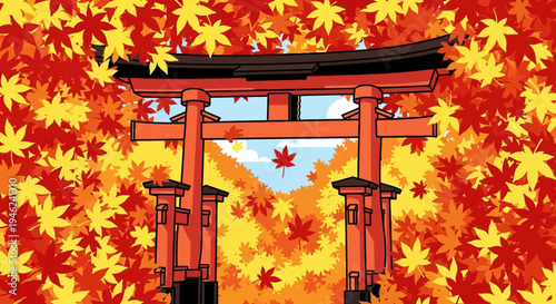 Japanese Torii Gate Surrounded by Vibrant Autumn Maple Leaves