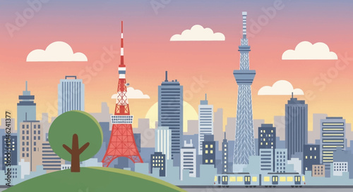 Tokyo City Skyline Illustration with Iconic Towers at Sunset