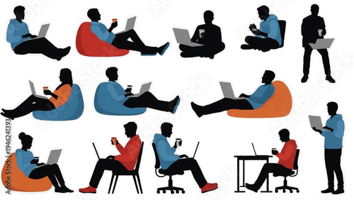 Remote Worker Cutout Silhouettes with Laptop and Coffee, Relaxed Freelance Lifestyle Elements on White Background