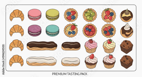 A delicious selection of French pastries and baked goods including macarons, eclairs, croissants, tarts, and cupcakes, presented in a premium tasting pack