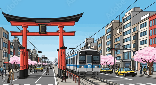 Anime Style Illustration of City Street with Torii Gate and Train