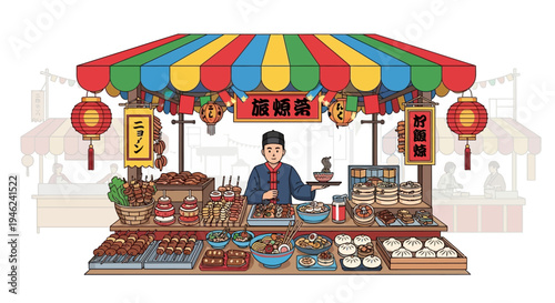 Asian Street Food Stall with Traditional Snacks and Vendor