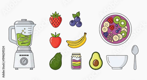 Illustrative set of fresh ingredients and kitchen tools for preparing a healthy breakfast or smoothie bowl, including a blender, various fruits, and a vibrant acai-style fruit bowl