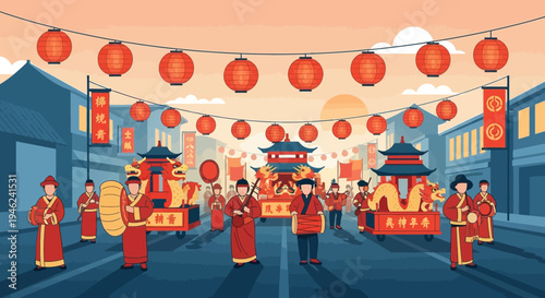 Chinese Lunar New Year Parade Street Celebration with Dragon Dancers and Red Lanterns